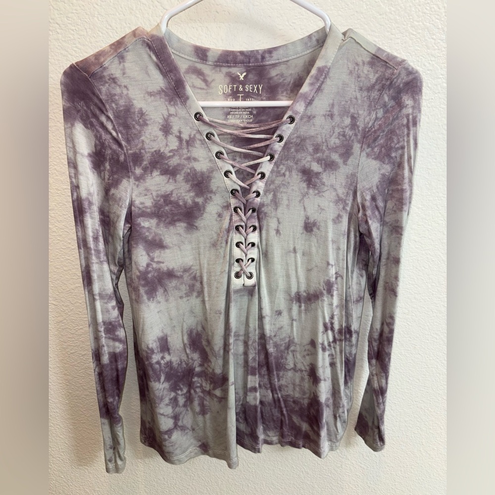 American Eagle Outfitters Purple Tie-Dye Lace-Up Long Sleeve Top